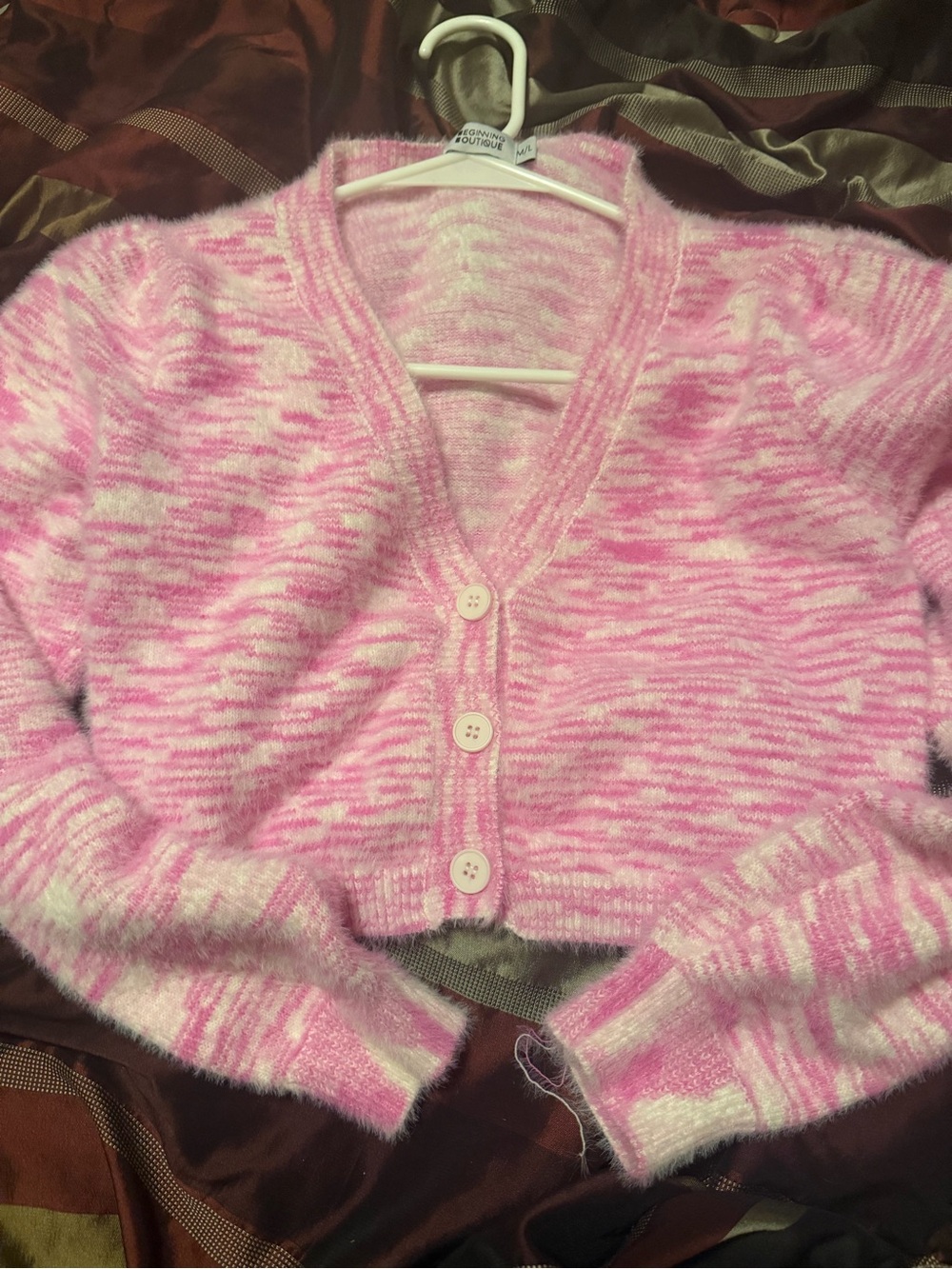 Beginning Boutique Pink and White Marbled V-Neck Button Cardigan